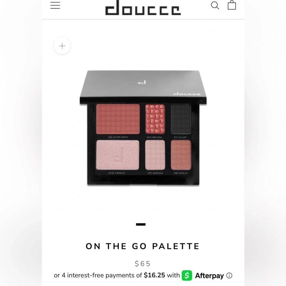 Doucce Eyeshadow Palette, Highlighter, and Blush - Rose, Charcoal, Ivory Hues